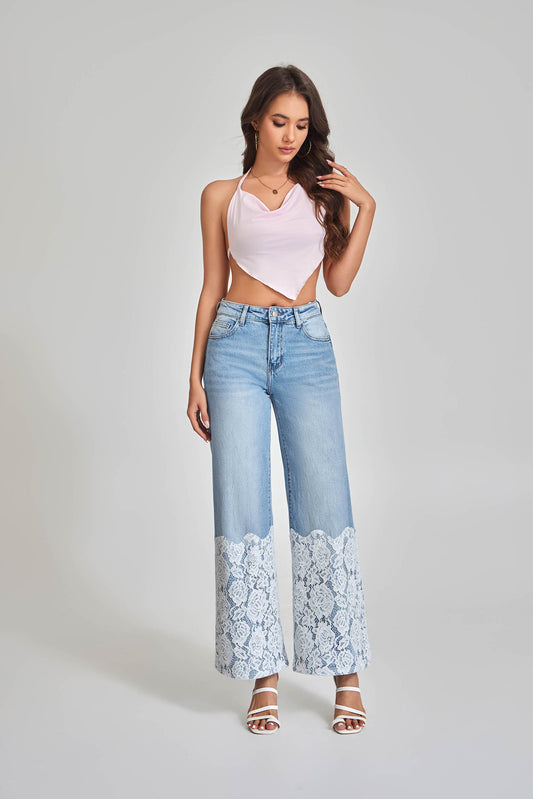JEANS WIDE LEG CON INSERTO IN PIZZO