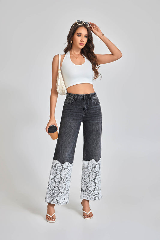 JEANS WIDE LEG CON INSERTO IN PIZZO